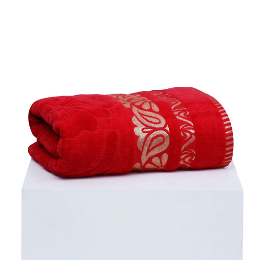 Luxurious Velvet Touch Red Towel with Golden Border – Pri Home Textile